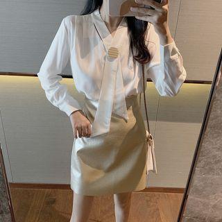 Tie-neck Blouse / Faux Leather A-line Skirt
