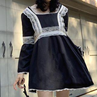 Long Sleeve Square-neck Lace-trim Mini Dress