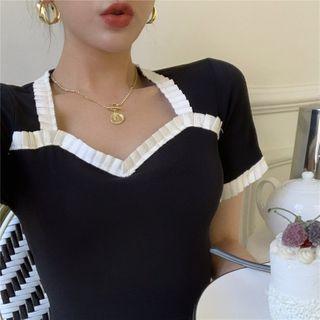 Short-sleeve Two-tone Slim-fit Top Black - One Size