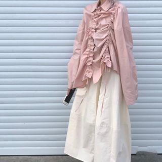 Drawstring-front Long-sleeve Shirt / Band-waist Midi A-line Skirt