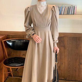 Mock Two-piece Long-sleeve Lace Trim Turtleneck Midi A-line Dress