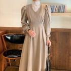 Mock Two-piece Long-sleeve Lace Trim Turtleneck Midi A-line Dress