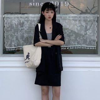 Set: Double-breasted Elbow-sleeve Blazer + High-waist Straight-fit Skirt