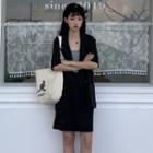 Set: Double-breasted Elbow-sleeve Blazer + High-waist Straight-fit Skirt