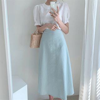 Puff-sleeve Top / Midi A-line Skirt