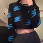 Two-tone Patterned Cropped Sweater Blue Lightning - Black - One Size