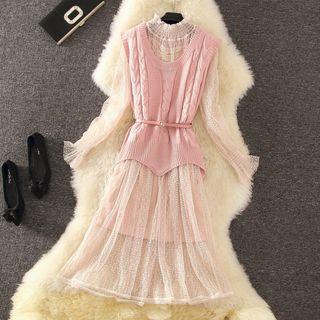 Set: Long-sleeve Midi A-line Mesh Dress + Cable Knit Vest + Slipdress