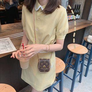 Set: Short-sleeve Contrast Trim Buttoned Top + A-line Mini Skirt