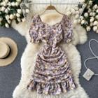 Puff-sleeve Ruffle Ruched Floral Dress