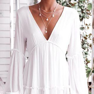 Long-sleeve Plunge-neck Mini A-line Dress
