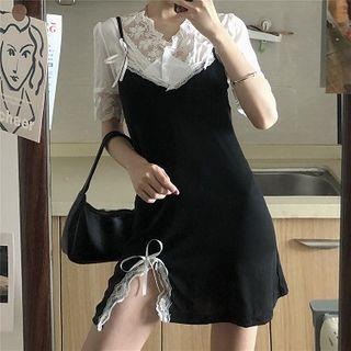 Lace Puff-sleeve Blouse / Sleeveless Side-slit Dress