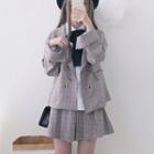 Double Breasted Plaid Blazer / Pleated Skirt / Blouse / Set