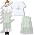 Short-sleeve Cartoon Print T-shirt / Dotted A-line Midi Skirt