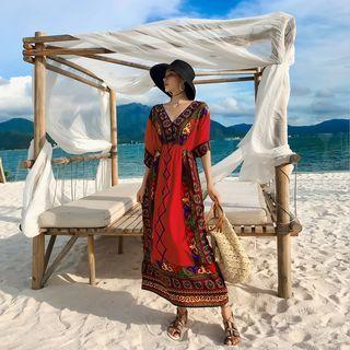 Short-sleeve V-neck Patterned Midi A-line Dress