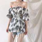 Off-shoulder Tree Print Elbow-sleeve Top
