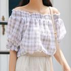 Off-shoulder Plaid Chiffon Top Off-white - One Size