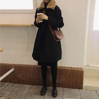 Fleece Collar Long Coat Black - One Size