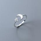 Moon & Star Rhinestone Sterling Silver Open Ring 1 Piece - S925 Silver - Silver - One Size