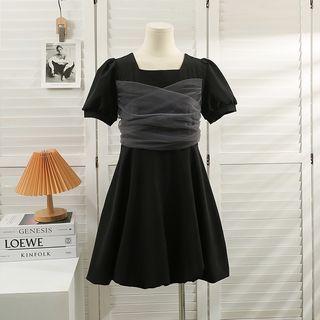 Mesh-panel Puff-sleeve Mini Dress