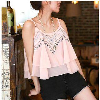 Embroidered Cropped Chiffon Camisole Top