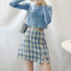 High-waist Plaid Split A-line Skirt