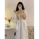 Short-sleeve Peter Pan Collar Floral Shirt / High-waist Plain Midi Skirt