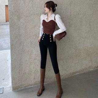 Patchwork Puff-sleeve V-neck Shirt / High-waist Skinny Pants