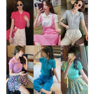 Plain Short-sleeve Cropped Knit Polo Shirt