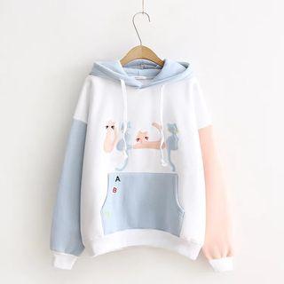 Cat Embroidered Color Block Hoodie