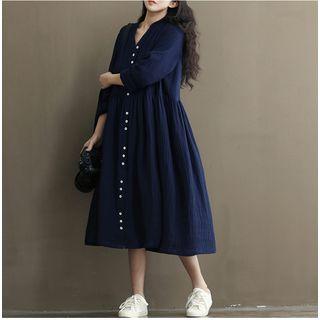 Long-sleeve Buttoned A-line Midi Dress