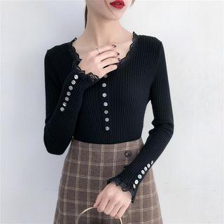 Long-sleeve Lace Ribbed Knit Top
