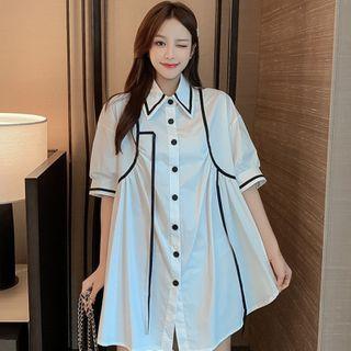 Puff-sleeve Contrast Trim Shirt Dress