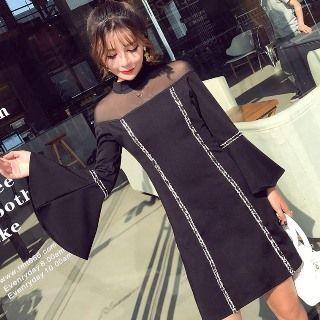 Ruffle Sleeve Fray Trim A-line Dress
