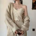 Cable Knit Cardigan / Spaghetti Strap Lace Top / Wide-leg Pants