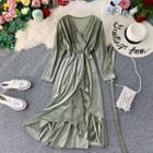 Long-sleeve Ruffled Midi A-line Wrap Dress