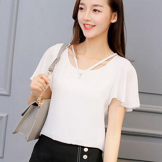 Faux Pearl Short-sleeve Chiffon Top