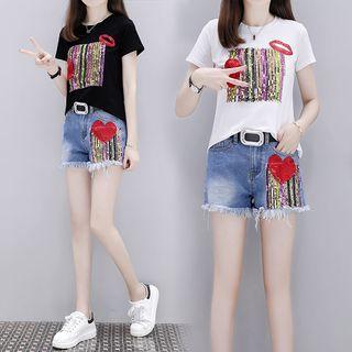 Set: Sequined T-shirt + Denim Shorts