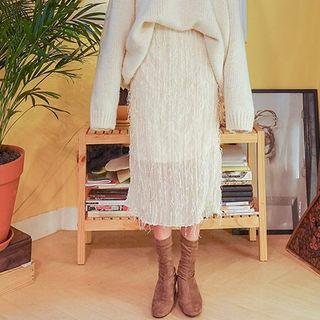Band-waist Fringed Chiffon Midi Skirt