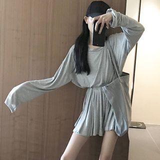 Set: Long-sleeve T-shirt + Elastic Waist Culottes Set - Gray - One Size