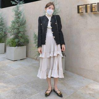 Frilled-trim Long Pleated Skirt
