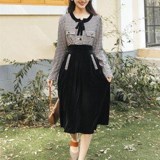 Set: Houndstooth Shirt + A-line Midi Skirt