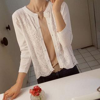 Round-neck Eyelet-lace Cardigan Ivory - One Size