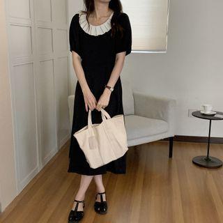 Short-sleeve Pleated Trim Midi Dress