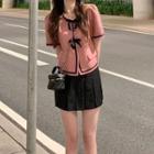 Short-sleeve Contrast Trim Jacket / Mini A-line Skirt / Set