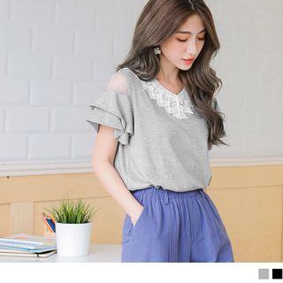 Mesh Panel V-neck Ruffled Short Sleeve Top