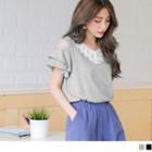Mesh Panel V-neck Ruffled Short Sleeve Top