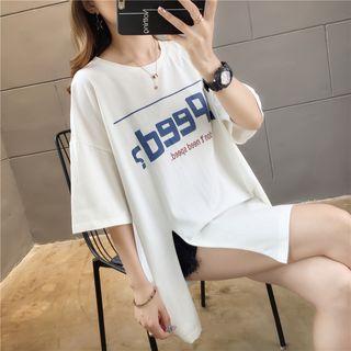 Slit-front Elbow-sleeve Print T-shirt