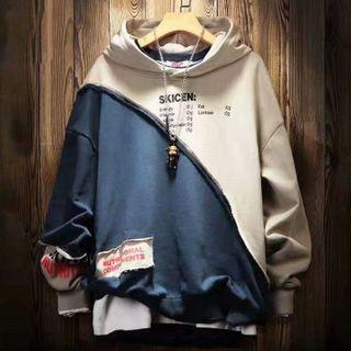 Hooded Long-sleeve Color Block Lettering Sweatshirt