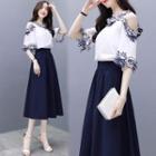 Set: Cold Shoulder Elbow-sleeve Top + A-line Midi Skirt