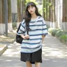 Elbow-sleeve Striped T-shirt Blue & White - One Size